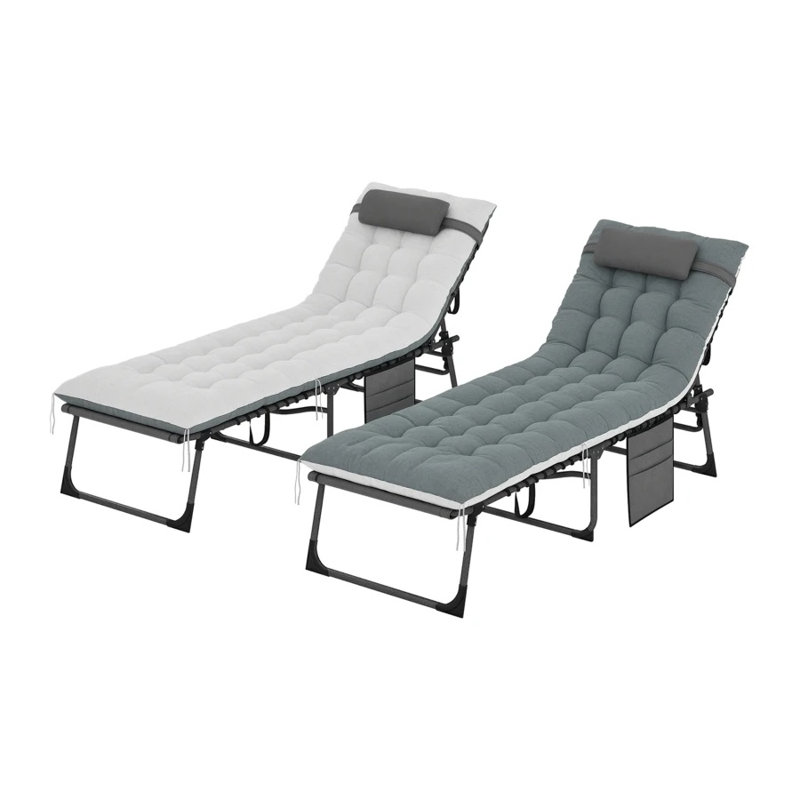 Set of 2 Adjustable Folding Outdoor Chaise Lounge Chairs with 5-Position Backrest, Gray Mesh Pool Loungers, Gray/White