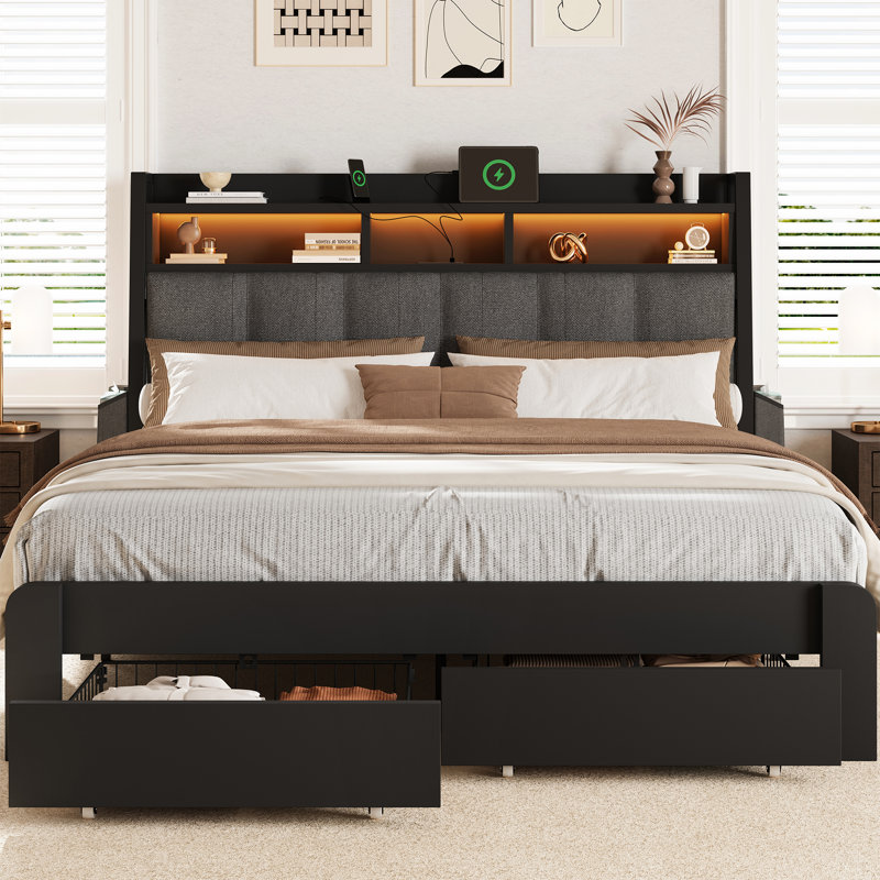 Platform Bed with Storage Drawers & Upholstered Headboard & Led Lights & Charging Station, Black, Queen