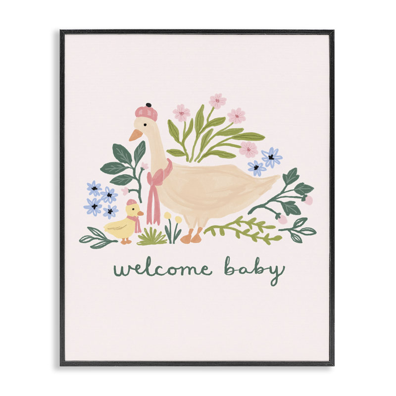 «Welcome Baby Floral Duck», estampe numérique de Nina Muis, Giclée encadrée noir minuit, H 14 po x l 11 po