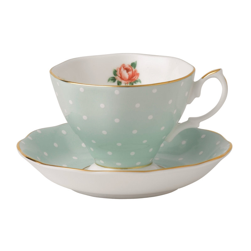 Polka Rose Bone China Teacup and Saucer with Gold Rim