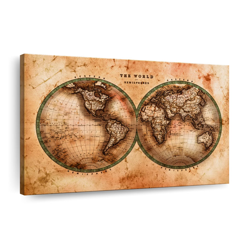 Rustic Hemispheres Map on Canvas, impression, H 16 po x l 24 po x P 1,25 po