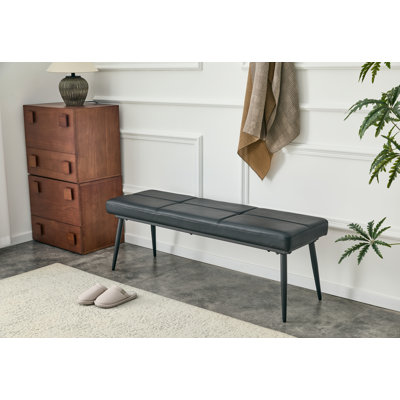 Banc de salle à manger pour 2-3 personnes, banc rembourré en cuir de qualité supérieure, coussin en éponge à haute résilience, poutre en métal renforcée au centre du coussin, 4 pieds en métal avec revêtement en aérosol (noir, ensemble de 1)