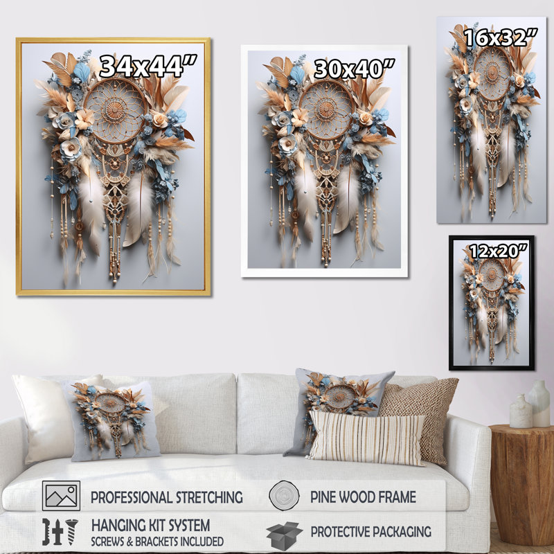 «Beige et bleu» Dreamcatcher Serenity - reproduction d'art sur toile, Toile tendue, H 32 po x l 24 po x P 1 po