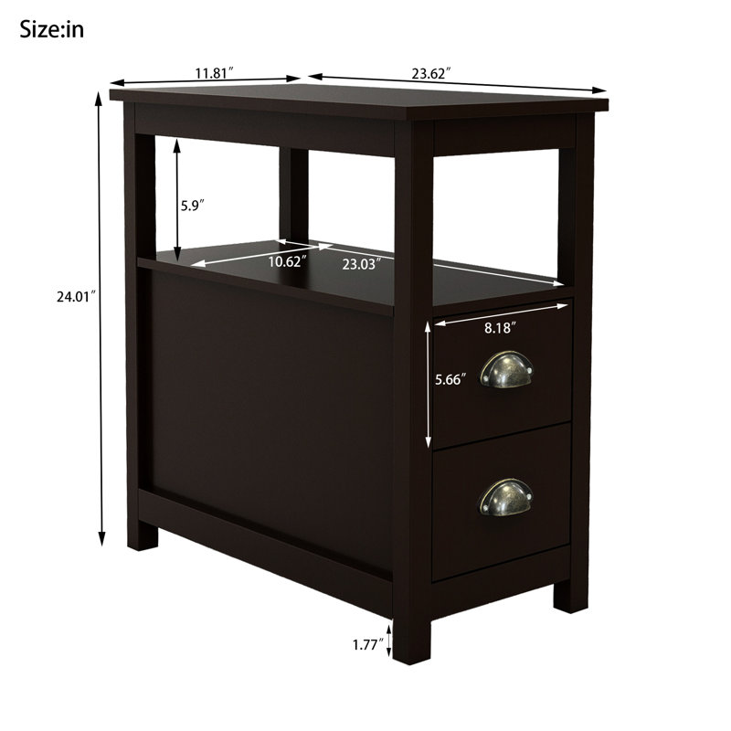 Table d'appoint étroite avec deux tiroirs et une tablette ouverte - brun. Options de rangement riches, E1 et pin massif, plateau peint, table de chevet facile à installer dans une table suffisante, à assembler