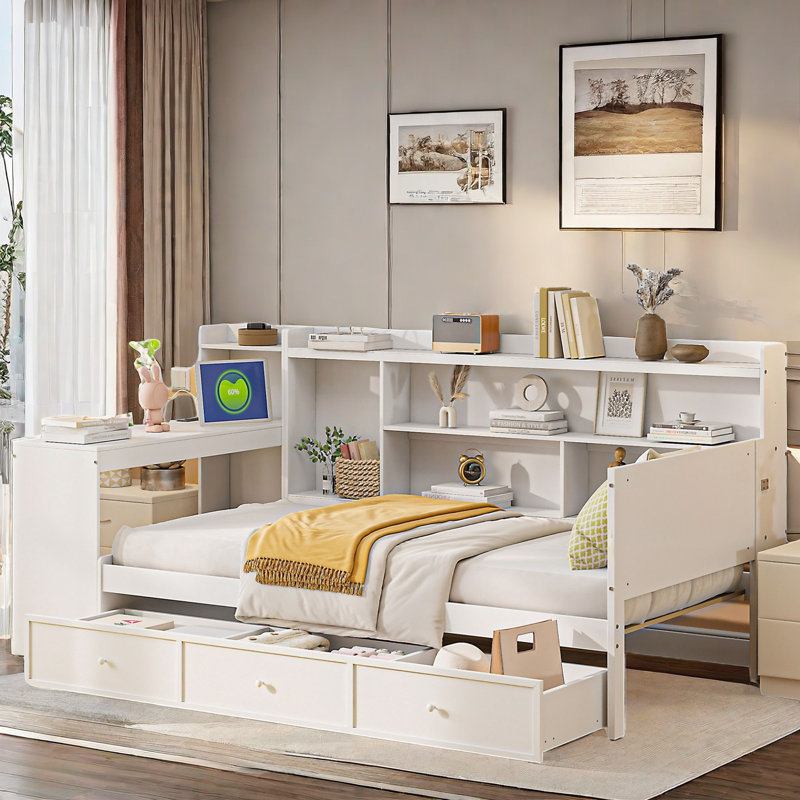 Wooden Daybed With 3 Drawers, Usb Ports And Desk, Twin, White