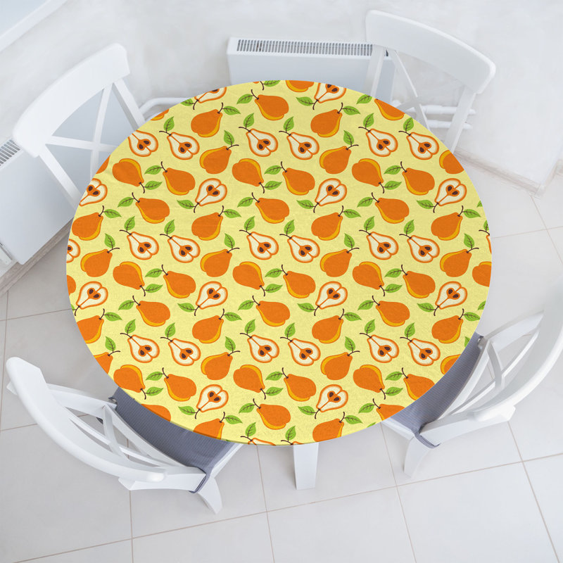 Ebern Designs Pear Fitted Round Tablecloth Diameter Apricot Lime Green, 67.72" Round