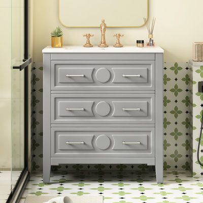 Gray Bathroom Vanity With Solid Wood Structure, Three Drawers, High - Quality , Elegant Appearance, Spill Hole , Color, Ceramic Sink, Versatile Storage,