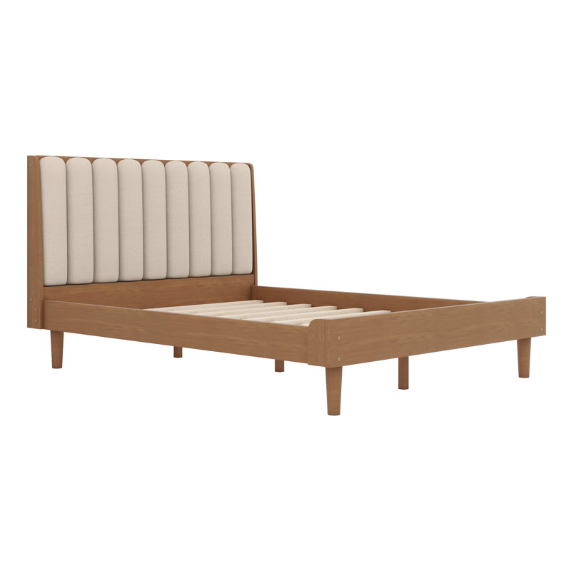 Lit en bois avec tête de lit tapissier en forme de clé de piano et pied central, Queen