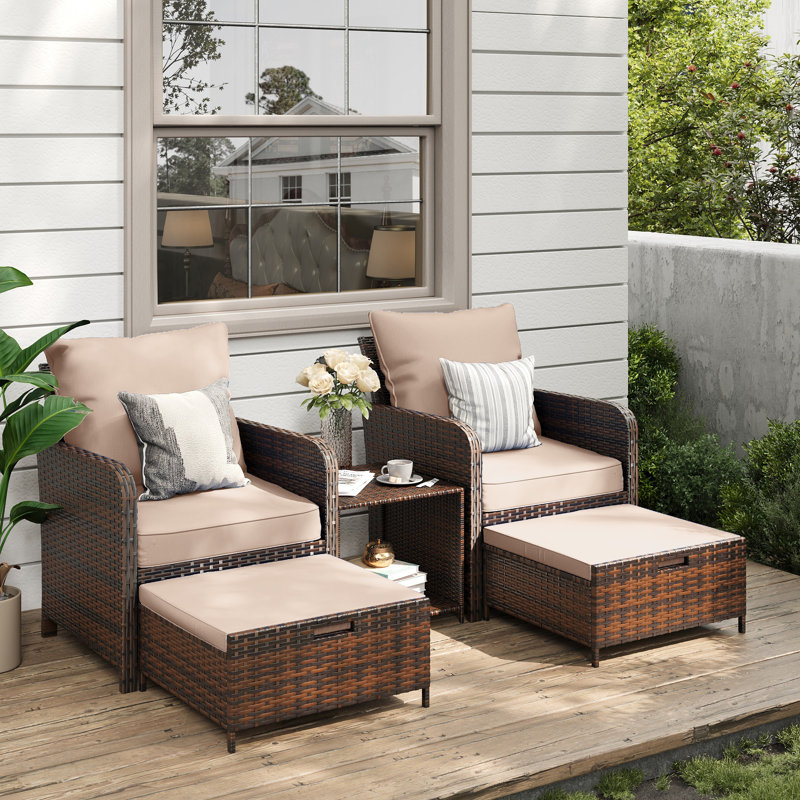 Ensemble de conversation en rotin pour 2 personnes avec repose-pieds Idamarie, Kaki, Brun