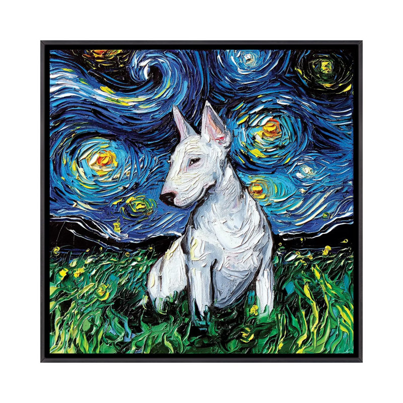Bull Terrier Night par Aja Treves - reproduction d'art, H 37 po x l 37 po x P 1,5 po, Toile avec cadre noir patiné