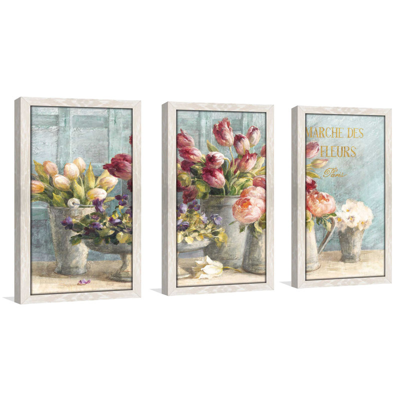 Marche Des Fleurs Blue Gold - 3 Piece Single Picture Frame Multi-Piece Image, 40.5" W x 25.5" H x 1" D