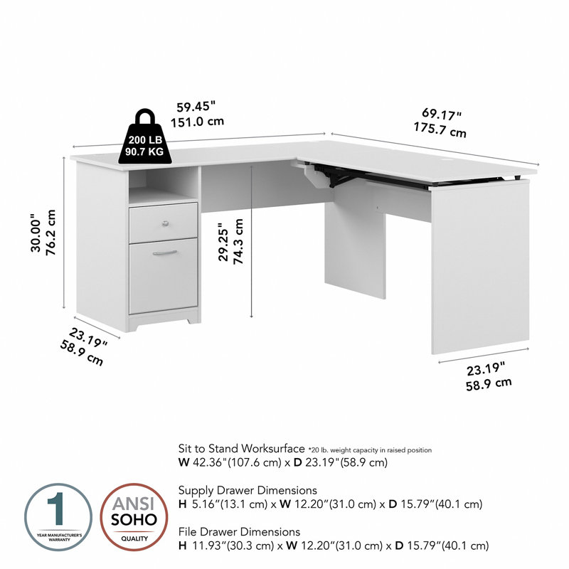 Bureau de direction en L Katia, H 30 po x l 60 po x P 69,17 po, Blanc