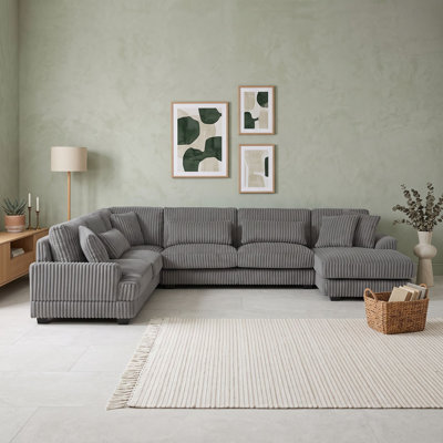 Canapé modulaire en Corduroy en U avec méridienne, accoudoirs courbés et coussins décoratifs