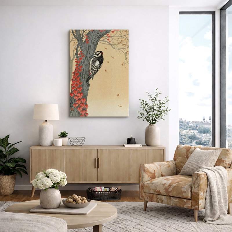 Illustration d'un pic sur un arbre d'automne, images d'oiseaux classiques, impression sur toile encadrée, Toile tendue