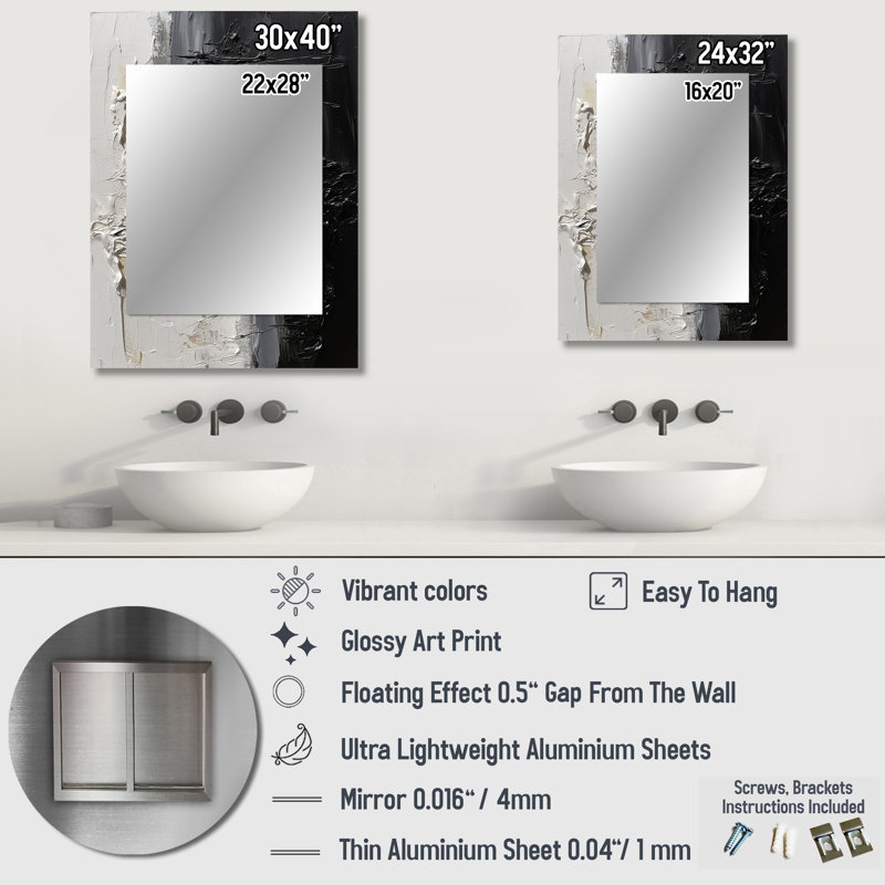 White And Black Tranquility Unleashed II - Abstract Marble Unique Mirror, Modern & Contemporary Large Wall Mirror, Printed Metal Art