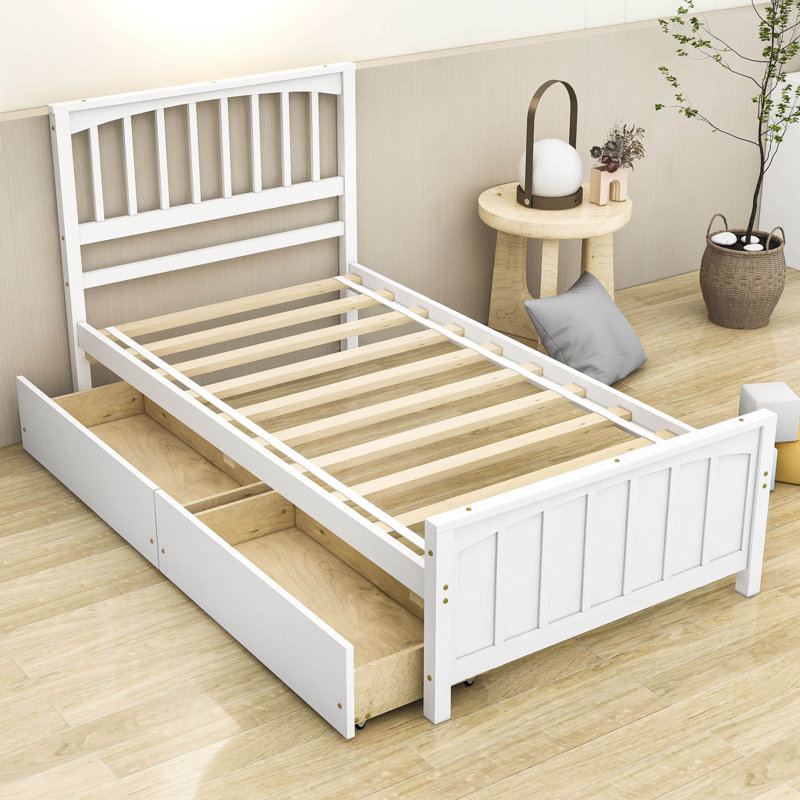 Twin Size 2 Drawers Platform Bed with Headboard, White