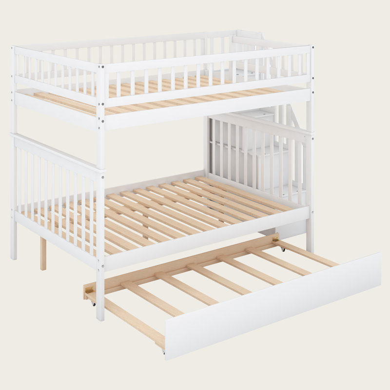 Lit superposé double au-dessus de double avec lit gigogne et escalier, conception convertible 3 en 1 en bois massif avec tablettes de rangement intégrées et garde-corps de sécurité