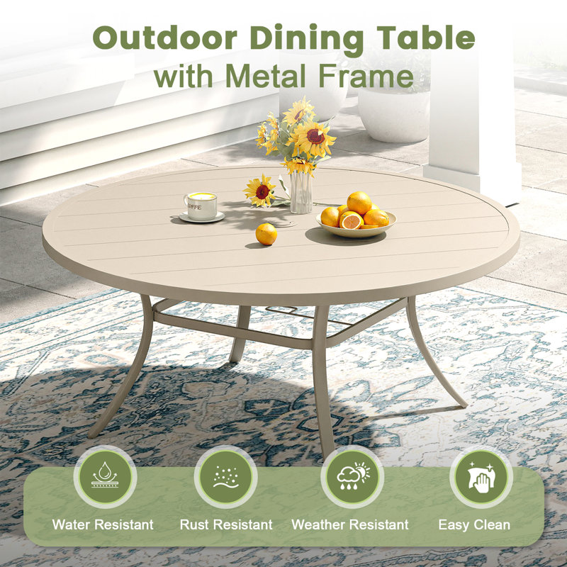 Round Metal Outdoor Dining Table With Umbrella Hole, 28" H x 60" W x 60" L, Cream