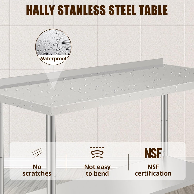 Table de travail en acier inoxydable 60 x 24 po, station de préparation robuste avec dosseret, tablette réglable