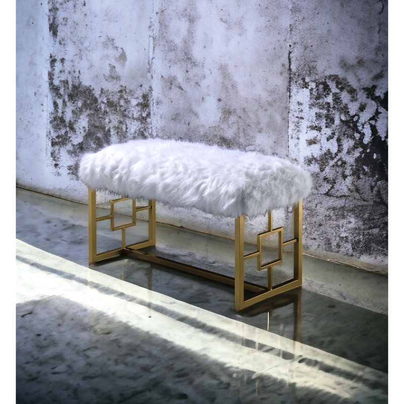 18.43 In. Depth Bench With White Faux Fur Seat And Gold Metal Appearance Armless Backless Upholstered Support, No Storage