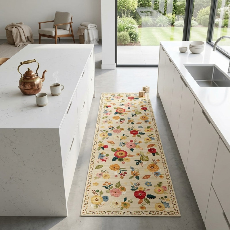 Tapis de couloir de cuisine Boho, Floral beige