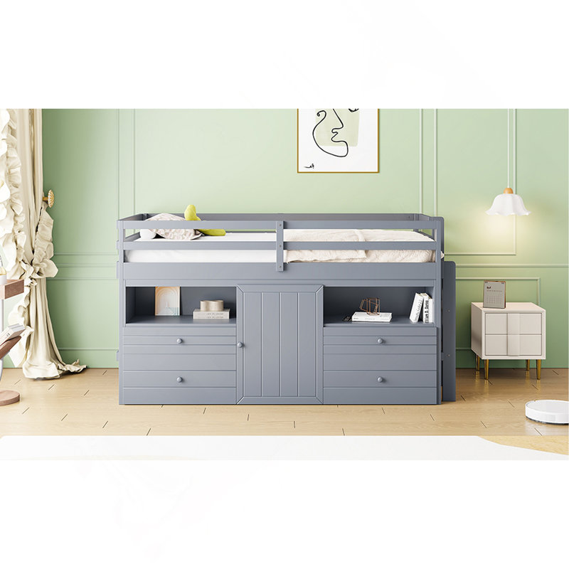 Lit mezzanine simple avec 4 tiroirs, sous l'armoire et les tablettes, gris