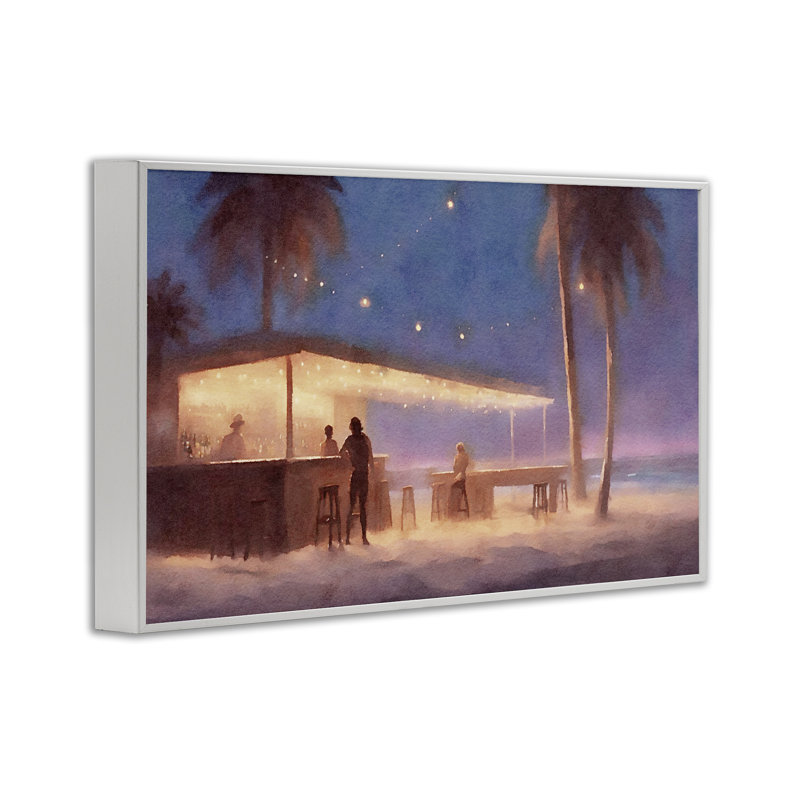  «Evening Beach Bar», estampe numérique par Noah Bay, H 16 po x l 24 po, Estampe numérique encadrée blanc bord de mer