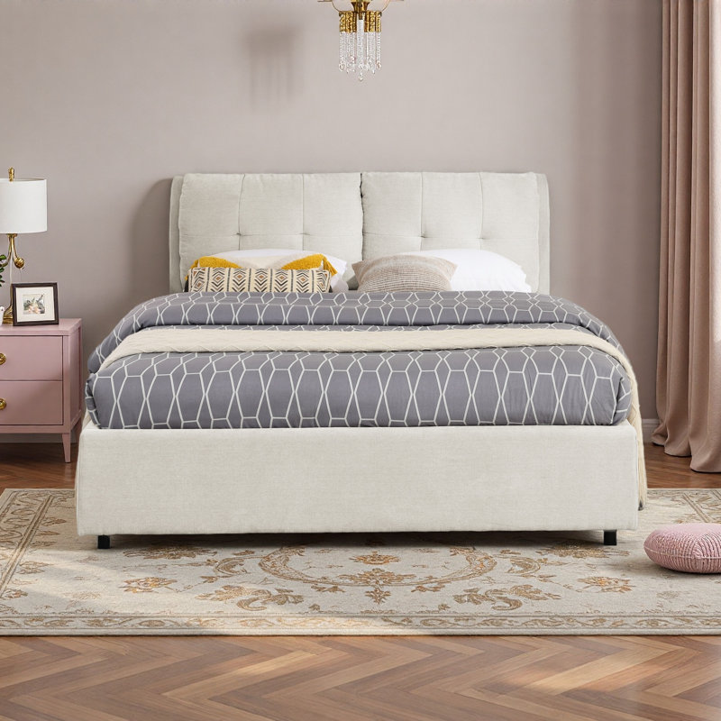 Lit plateforme tapissier avec rangement et tête de lit hydraulique en tissu chenille, Beige