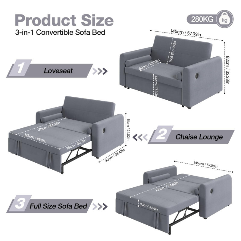 3 Seater Linen Sofa Bed, Grey Linen