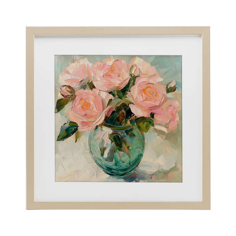 Roses roses dans un vase vert, reproduction sous verre, conception de Gina Kelly, H 16 po x l 16 po, Cadre de récolte en pin
