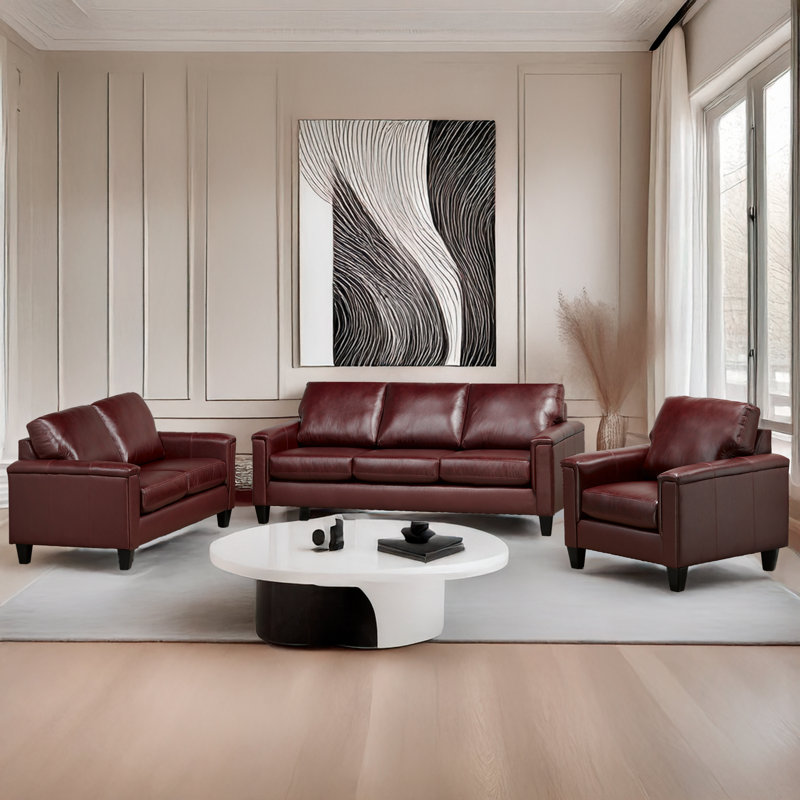  Ensemble de salon en cuir véritable 3 pièces Deboer, Cuir synthétique cerise