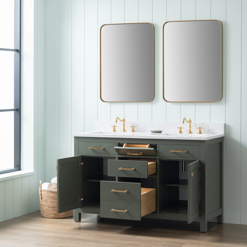 Ajhane 54" W Double Vanity with Engineered Stone Top and Soft-Close Doors, Vintage Green/Brushed Gold