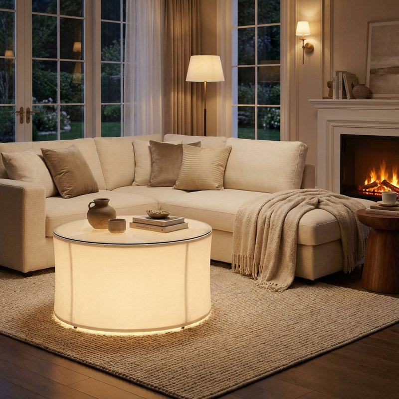29"W Round Coffee Table With Adjustable LED Light, Glass Coffee Table