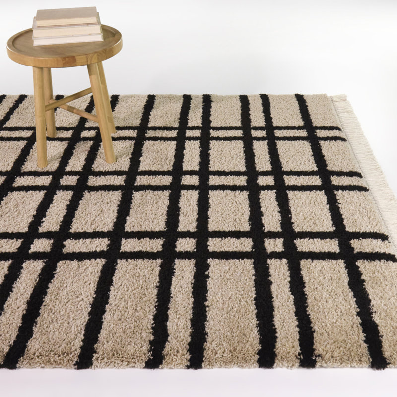 Leana Black Geometric Stripe Area Rug, Rectangle 5'3" x 7'