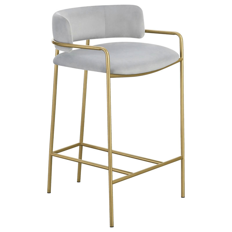 Tabouret à hauteur de comptoir en velours gris glamour avec structure en métal doré, hauteur de siège de 26 po, détails de bar confortables en mousse - chaise de salle à manger chic