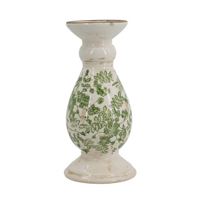 White Ceramic Candle Holder With Green Floral Patterns, Large