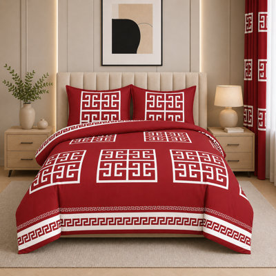 Greek Design Microfiber Bedding Set – Soft, Wrinkle-Resistant & Breathable – Includes Duvet Cover, Fitted Sheet & Pillowcases