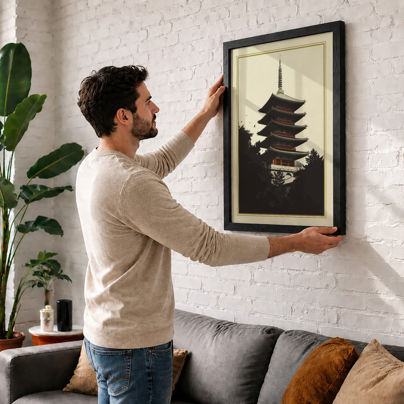 Pagoda in Silhouette Japandi - Framed Print, A1 - 84.1 x 59.4 cm, Oak