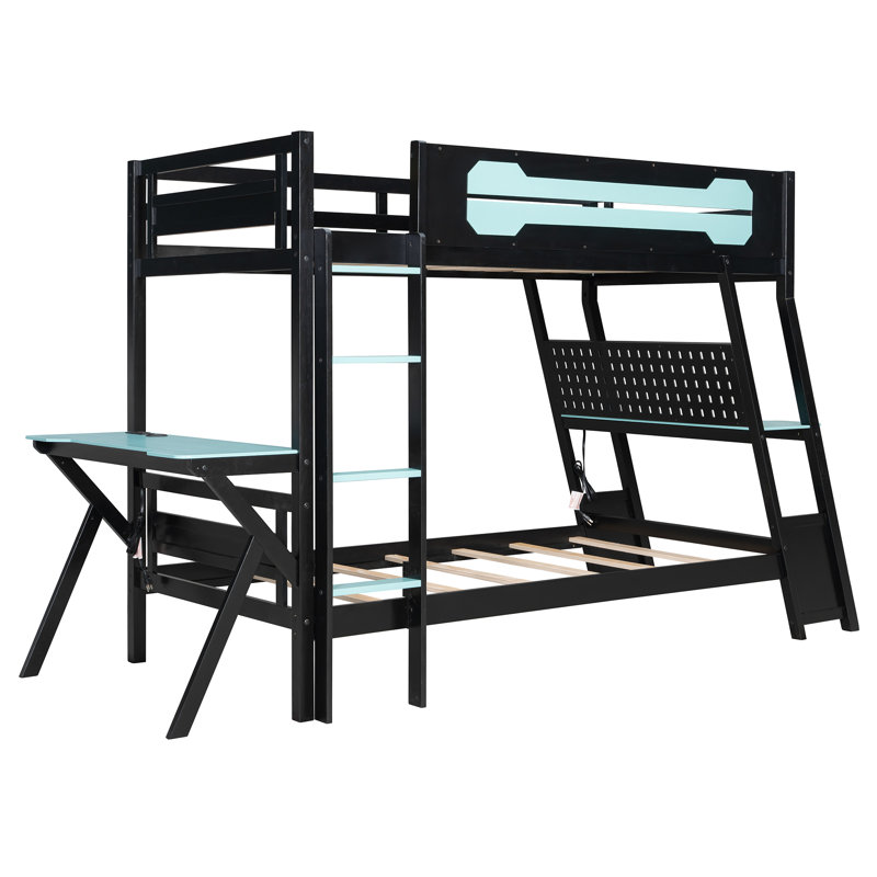 Twin Size Bunk Bed with Two Built-In Gaming Desks, USB Desktop Ports & Pegboard Organizer, Gaming Bunk Frame for Gamer, Cloud Blue