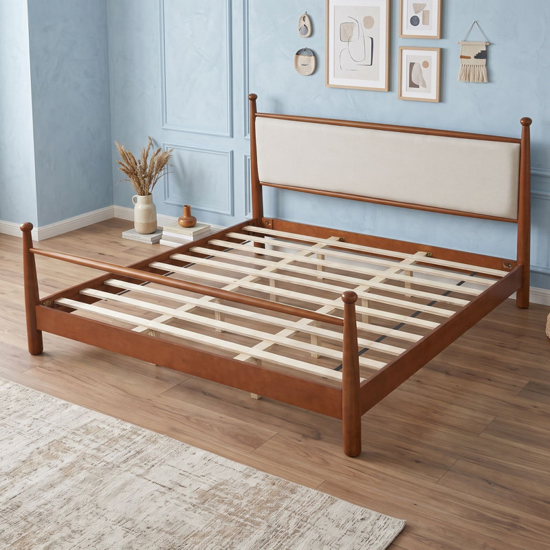 Base de lit plateforme en bois avec tête de lit tapissier et lattes, pieds, Très grand lit