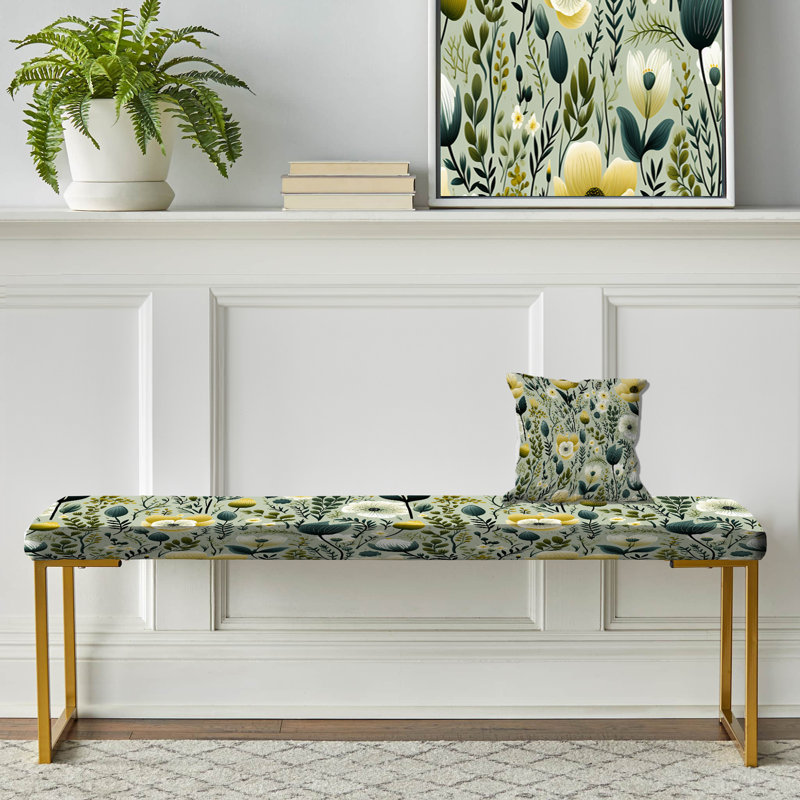 Upholstered Bench, Tranquil Green And White Garden Blooms
