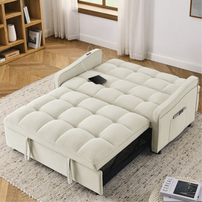Canapé en velours beige avec lit escamotable, dossier réglable, prise de charge pour tout type de canapé-lit, charge, tissu