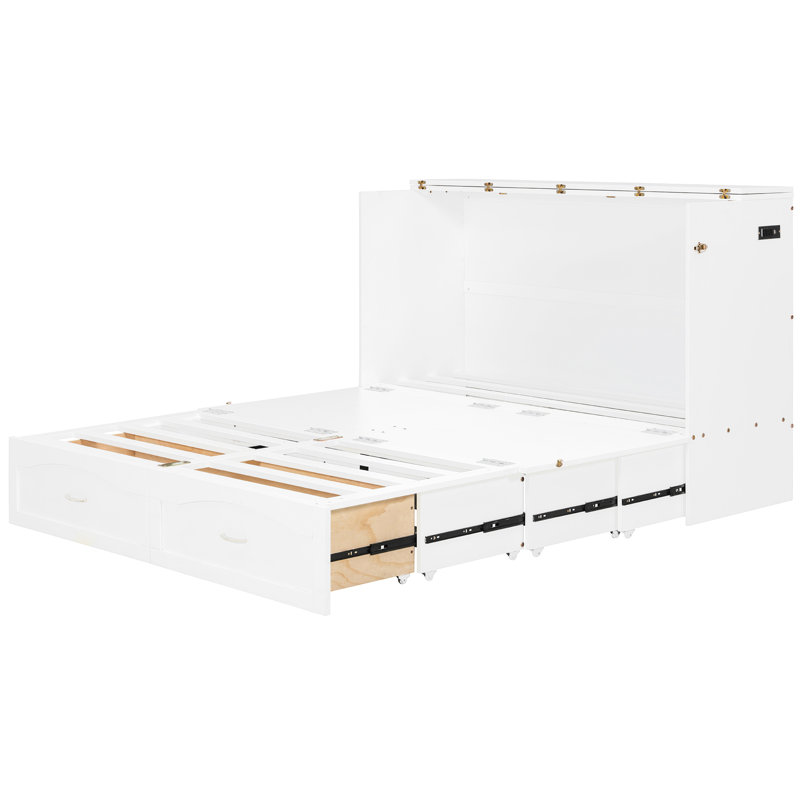 Queen Size Bed Wall Bed, White, With Drawer, Sockets, Ports, Pulley For Small In Space Compact Apartment