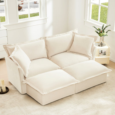 Lit 2 places avec repose-pieds pour le salon, housse en chenille crème, housses luxueuses et amovibles, entretien facile
