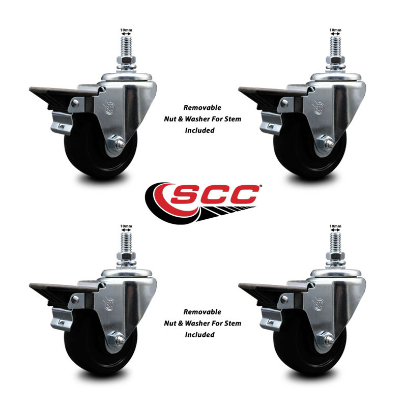 3 Inch_Soft Rubber 10MM Threaded Stem Caster Set with Brake