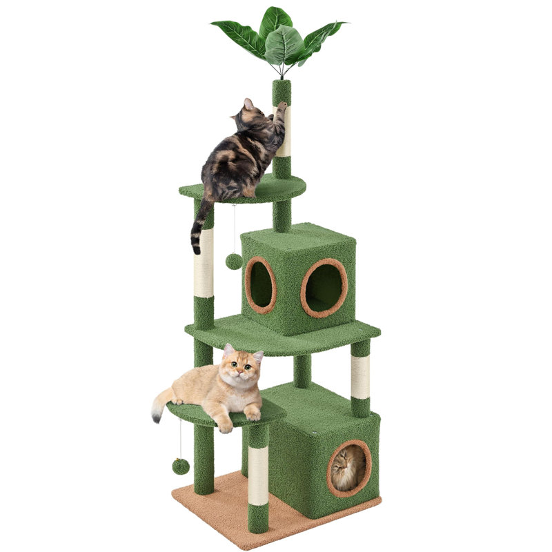 59In Palm Cat Tree, Cute Cat Tower W/Green Palm Frond, Spacious Platform, Double-Level Cat Condo, Scratching Posts, Fluffy Balls For Cat Kitty, Multi-Level Large Cat Tree For Indoor Cats