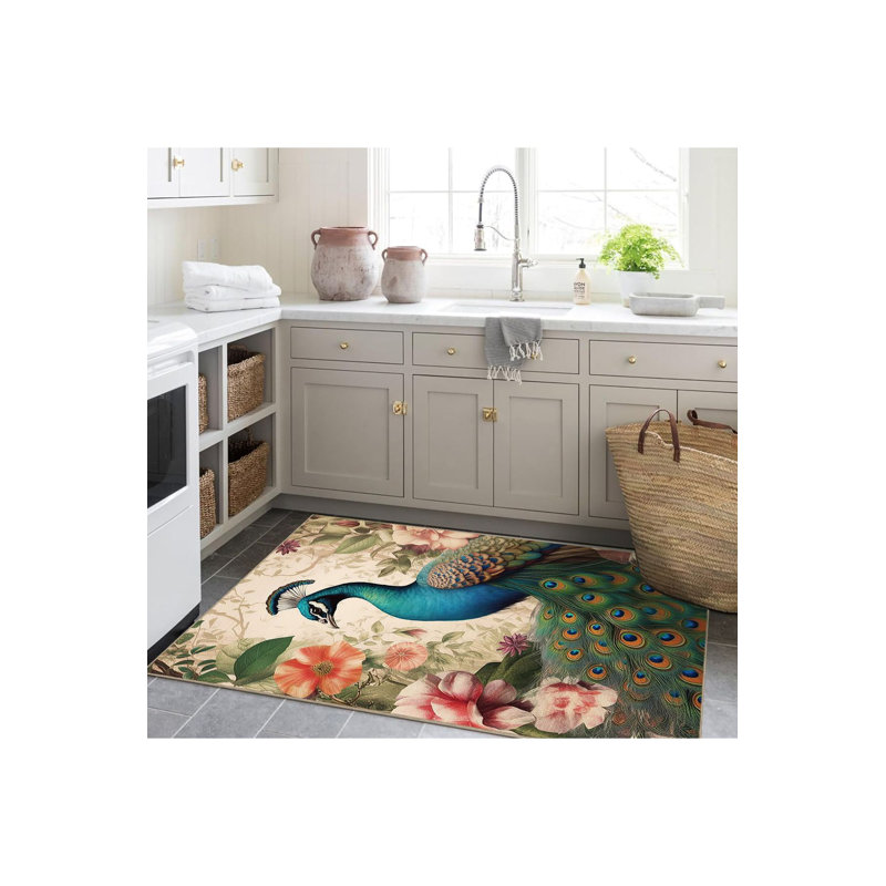 Tapis multicolore à motif tissé à motif paon lavable à la machine, Rectangle 3 pi 3 po x 4 pi 11 po
