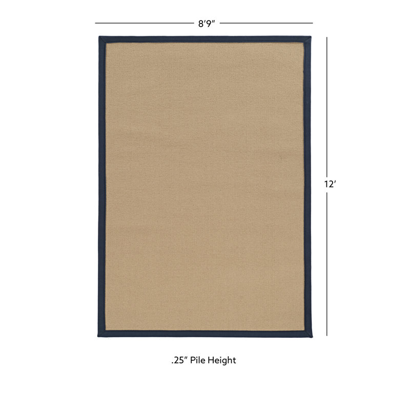 Nannette Handmade Medium Beige Berber with Navy Blue Cotton Border Made in the USA Area Rug, Rectangle 8'9" x 12'
