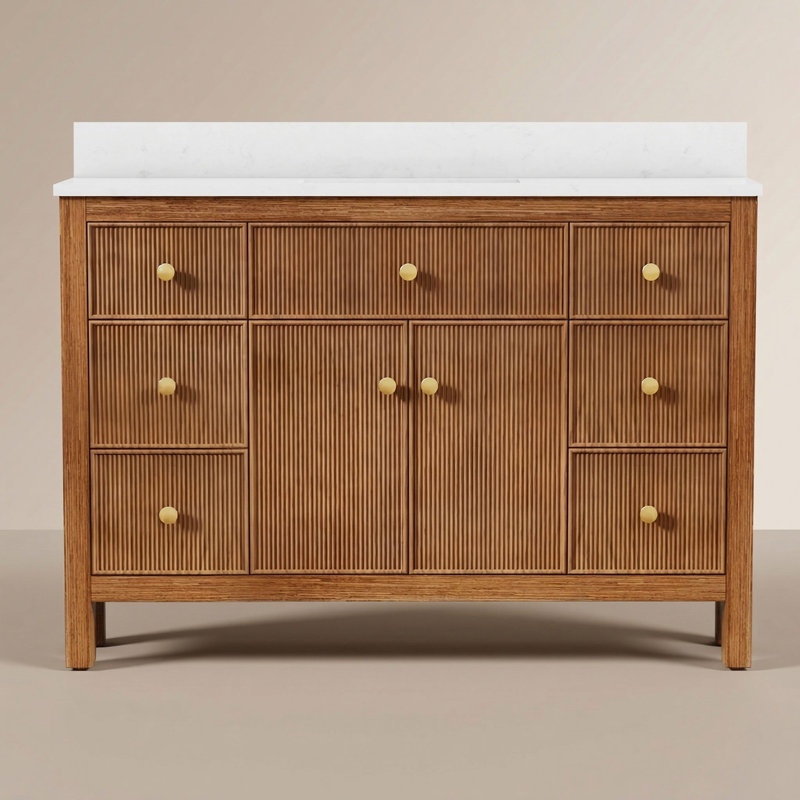 Ensemble de meuble-lavabo simple 48 po avec plateau en pierre d'ingénierie Dee, lavabo en céramique Dee, Brun / Doré