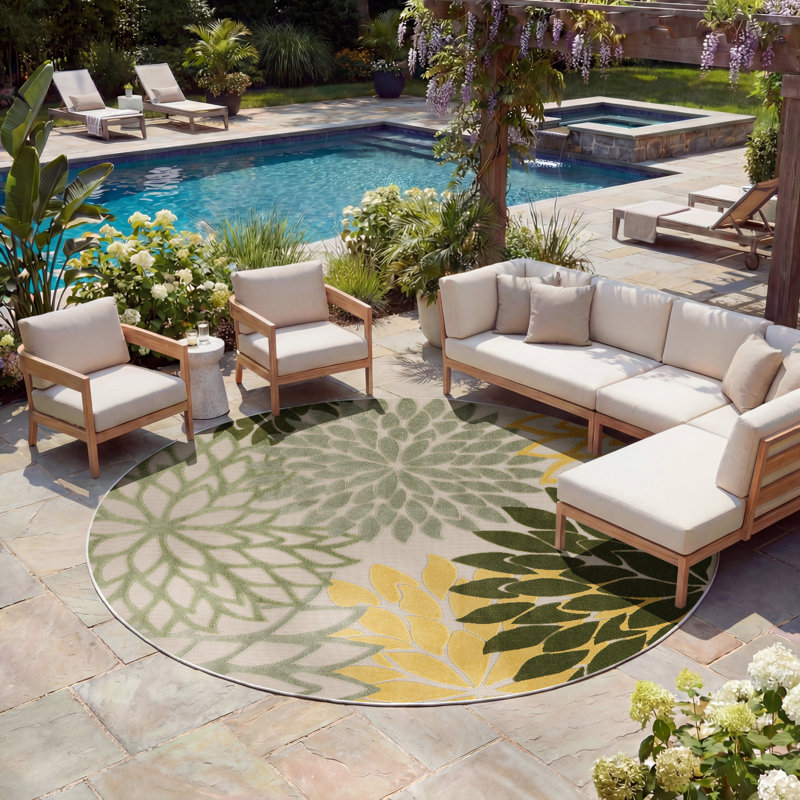 Tapis intérieur / extérieur floral Amellia, Rond 7 pi 10 po